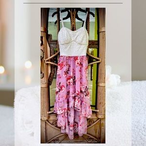 High-low dress in white and purple/ lilac with flowers print